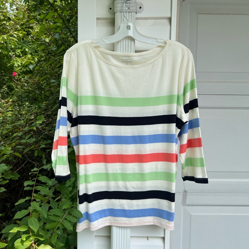 NWT Talbots Pretty Cream Orange Green Black Stripe Ballet Neck Top